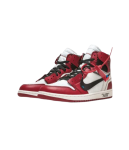 Red, white, and black high-top sneakers with a black Nike swoosh and 'AIR' on the midsole.