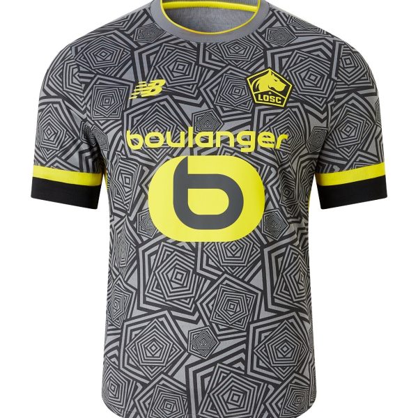 Gray geometric-pattern football jersey with yellow accents, featuring the boulanger sponsor text and LOSC crest.