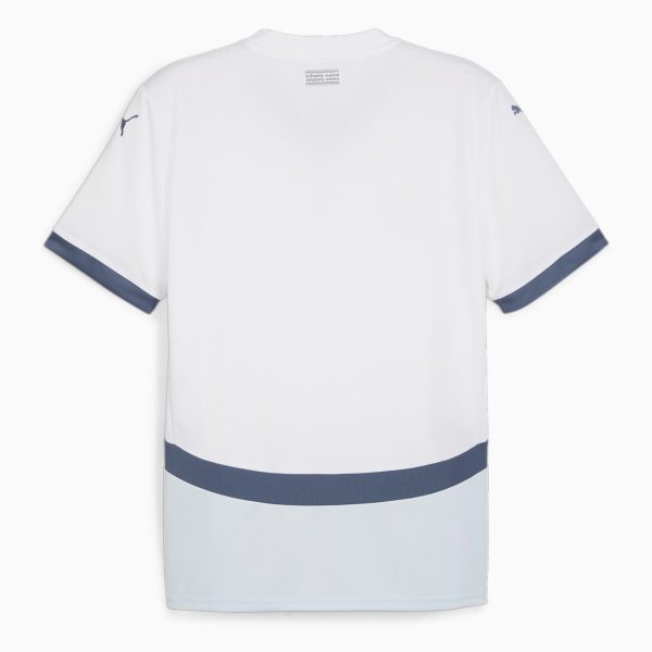 White short-sleeve T-shirt shown from the back, with blue-gray cuffs and hem detail and a small neckline tag visible.