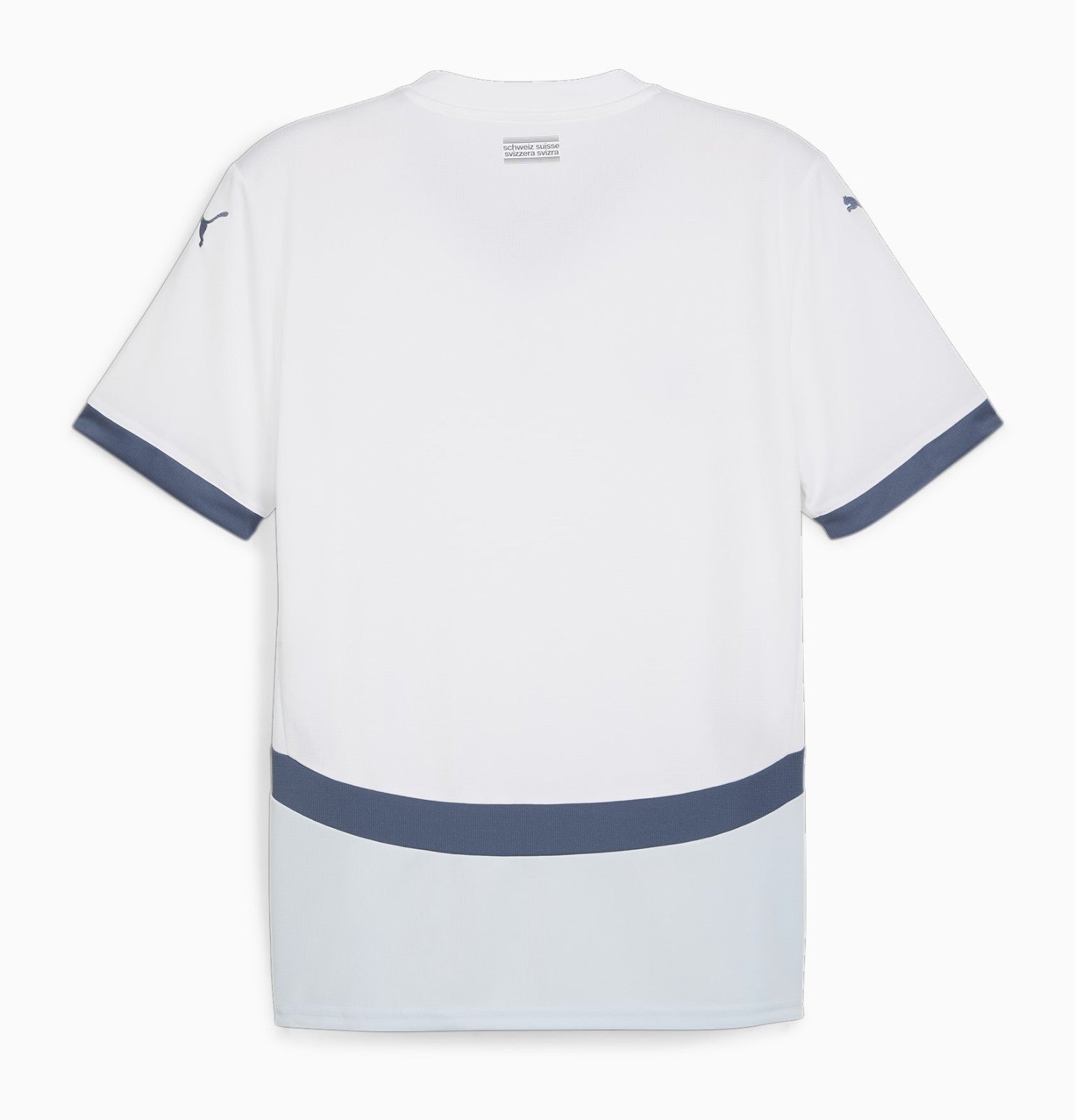 oKQBXebyCe4Sj52 | UAE SPORT STORE White short-sleeve T-shirt shown from the back, with blue-gray cuffs and hem detail and a small neckline tag visible.