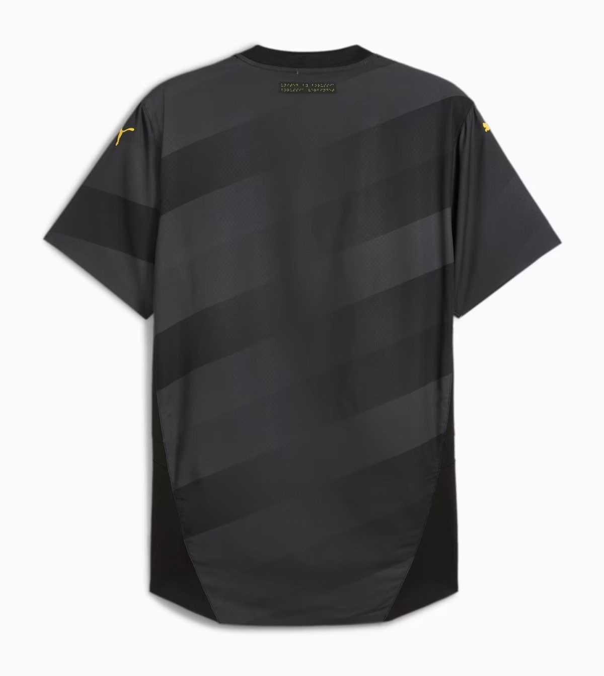 Back of a dark gray striped jersey with short sleeves and yellow brand logos on the sleeves; tag at upper back.