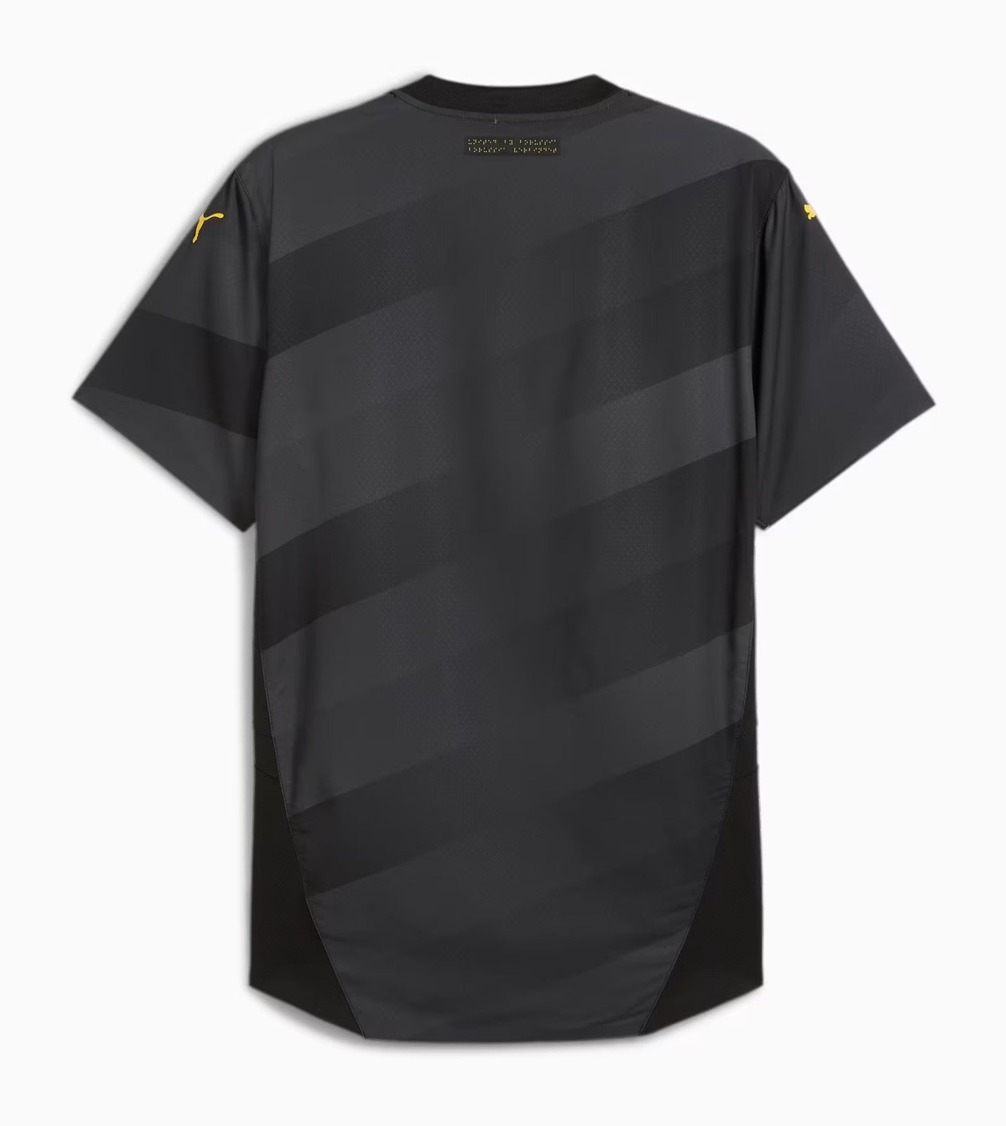 oLZEshp6dXmMhpp | UAE SPORT STORE Back of a dark gray striped jersey with short sleeves and yellow brand logos on the sleeves; tag at upper back.