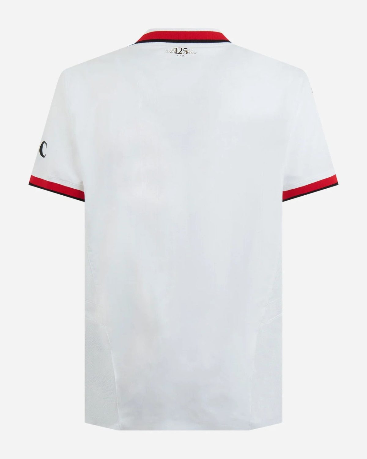 Back view of a white polo shirt with red and black trim on the collar and sleeve cuffs; small gold text at the neck.