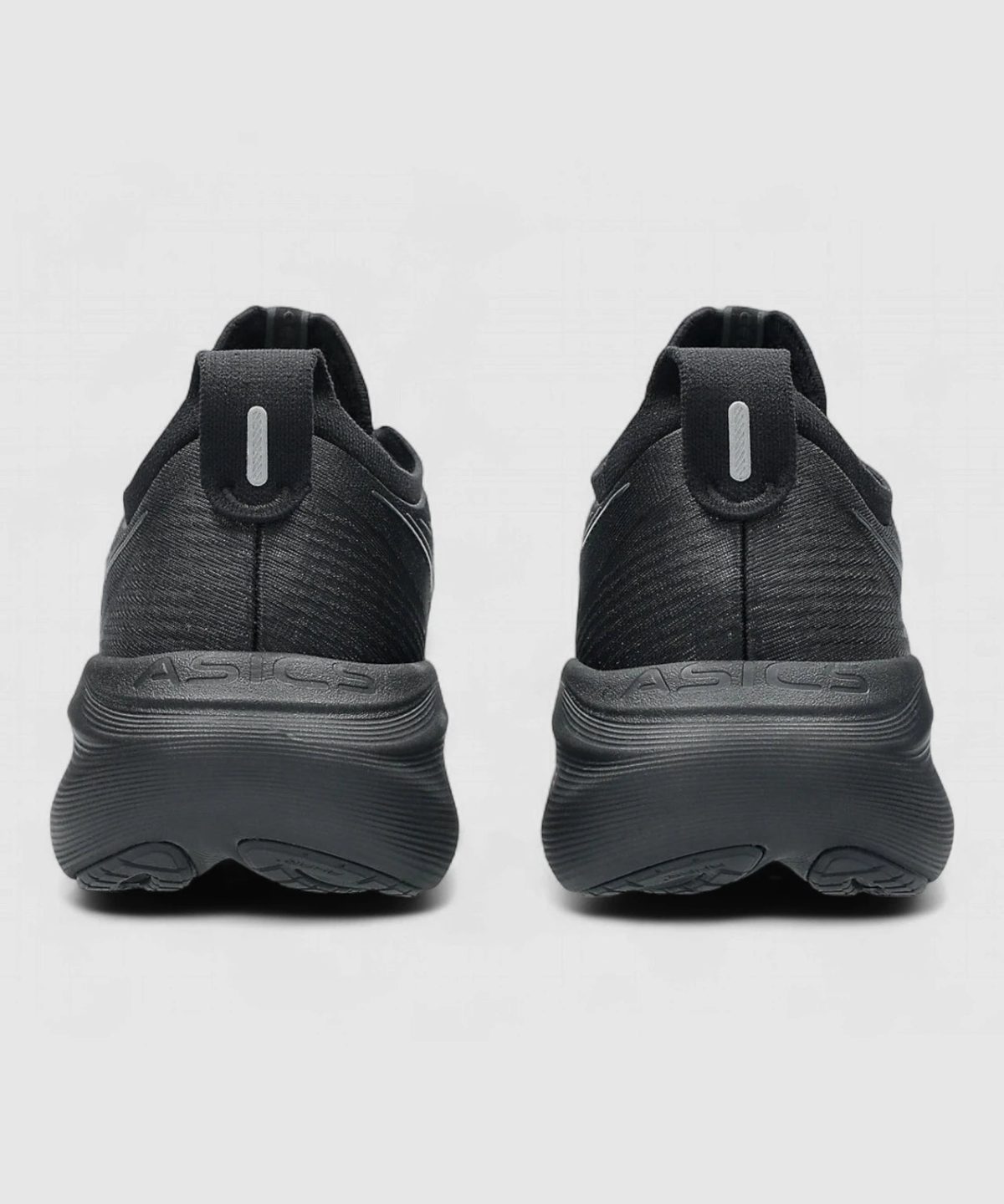 Pair of black running shoes shown from the back, side-by-side against a light background, with ASICS branding on the heel