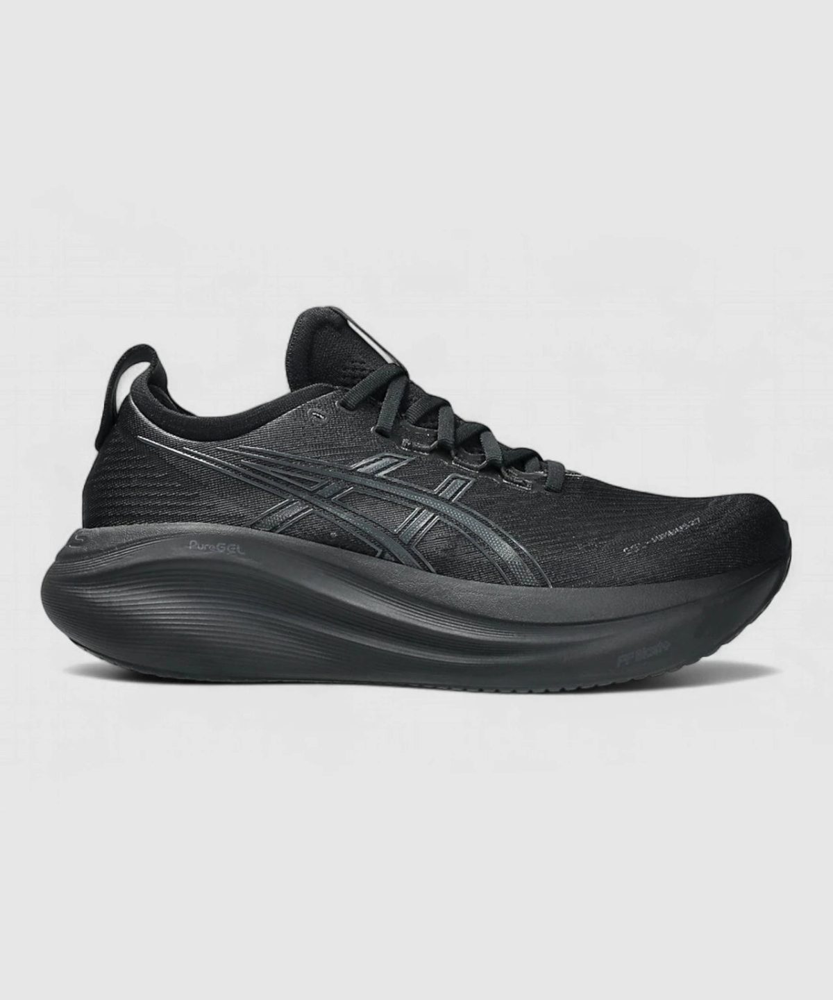 Black running shoe with a thick cushioned midsole and dark upper featuring brand stripes and a low-cut ankle.