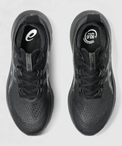 original-imahgcs8kex6nmkp | UAE SPORT STORE Pair of black running shoes viewed from above, laces tied, with Asics branding on the tongues.