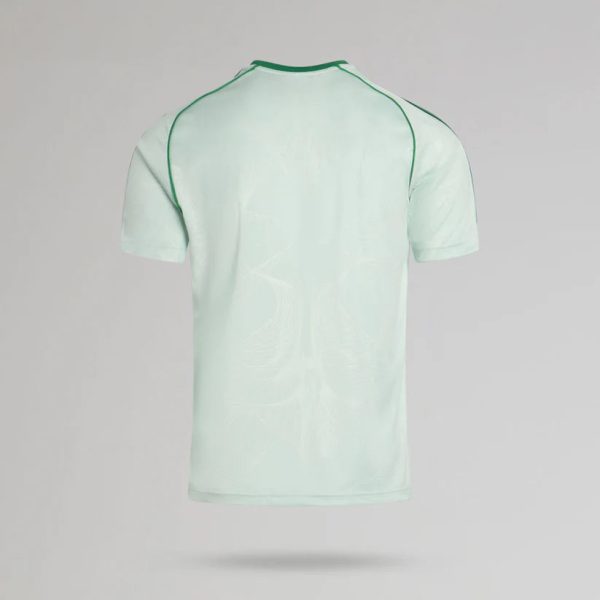 Back view of a light green T-shirt with green piping along the shoulders and seams.