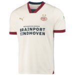 White PSV Eindhoven football jersey with gold crest and maroon trim at the collar and sleeves