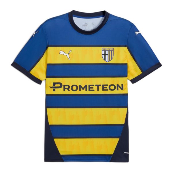Parma Calcio blue and yellow striped football jersey with sponsor Prometeon and team crest on chest.