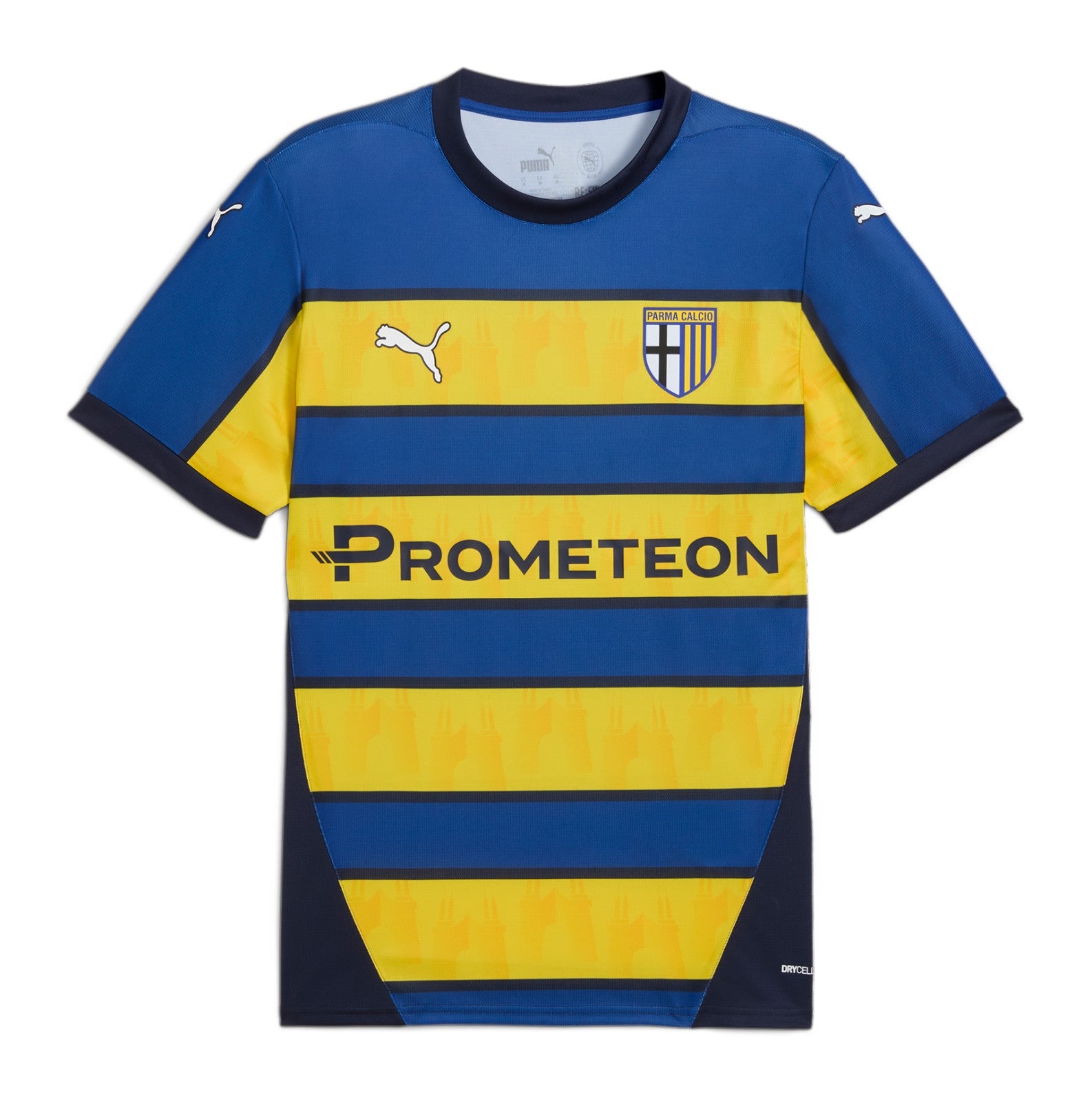 pL9iEWjQqC0TX4o Parma Calcio blue and yellow striped football jersey with sponsor Prometeon and team crest on chest.