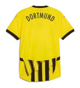Back view of a bright yellow Borussia Dortmund football jersey with 'DORTMUND' curved in black letters across the shoulders and black collar trim.