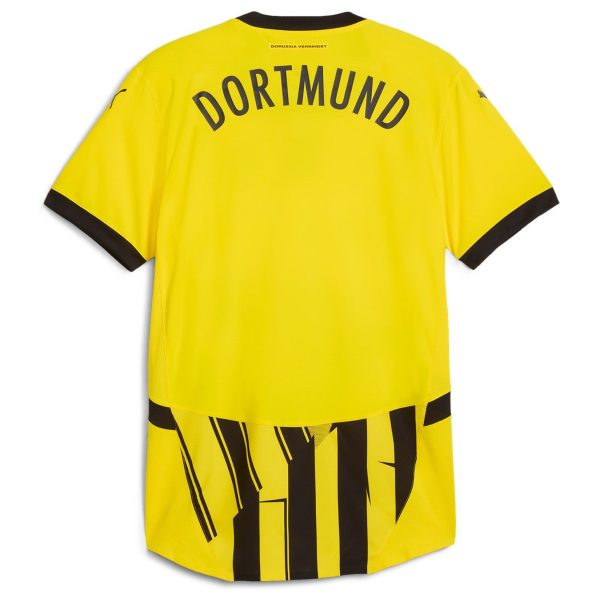 Back view of a bright yellow Borussia Dortmund football jersey with 'DORTMUND' curved in black letters across the shoulders and black collar trim.