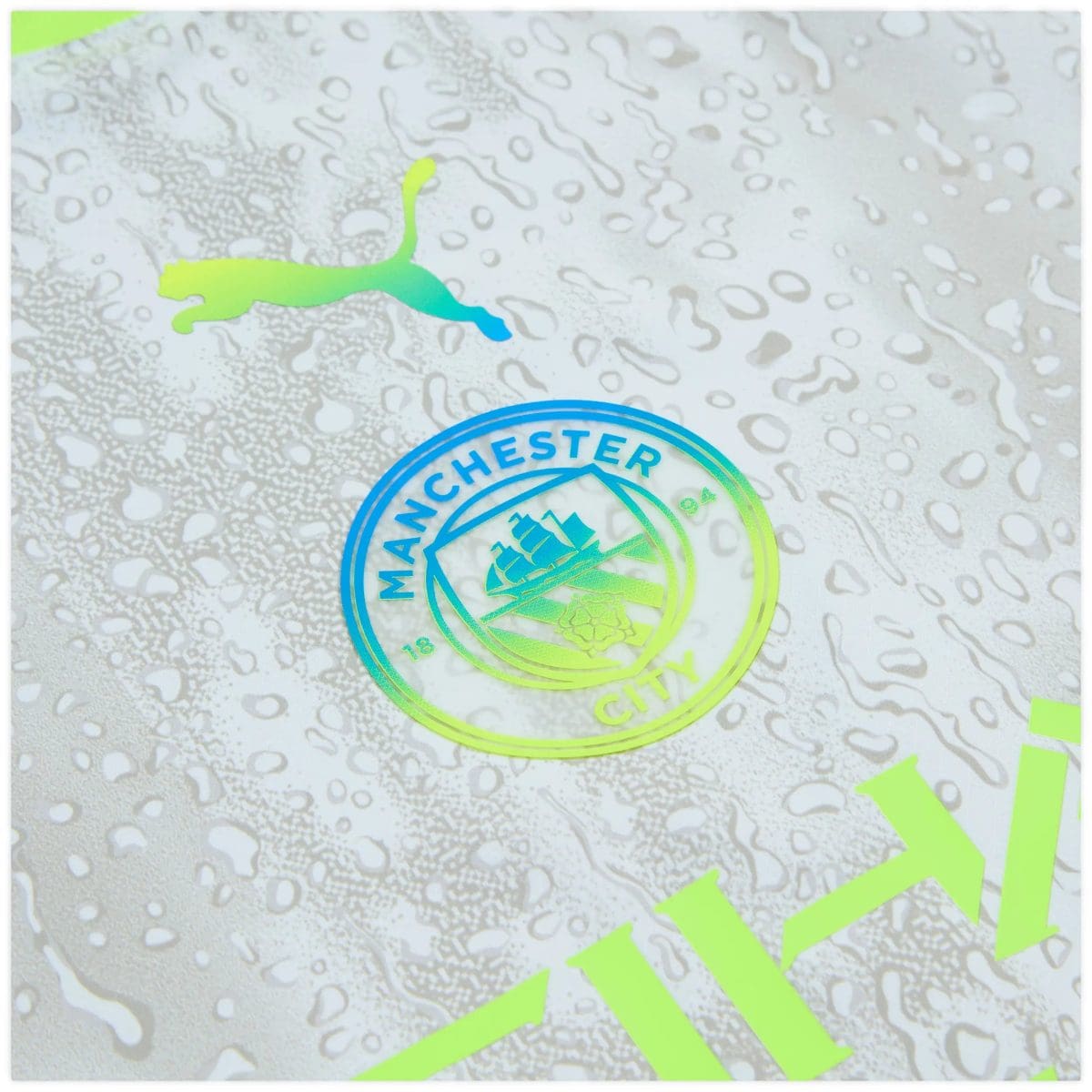 Decorative abstract graphic with neon green shapes and a blue-green circular emblem on a light patterned background.