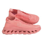 Pair of pink athletic sneakers with thick, sculpted sole and side logo detail