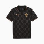 Black Portugal soccer jersey with repeating crest pattern, gold team crest on chest, and red-green trim at collar and cuffs.