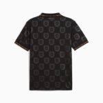 Black short-sleeve polo shirt with a repeating gray shield crest pattern and green-red trim on collar and cuffs.
