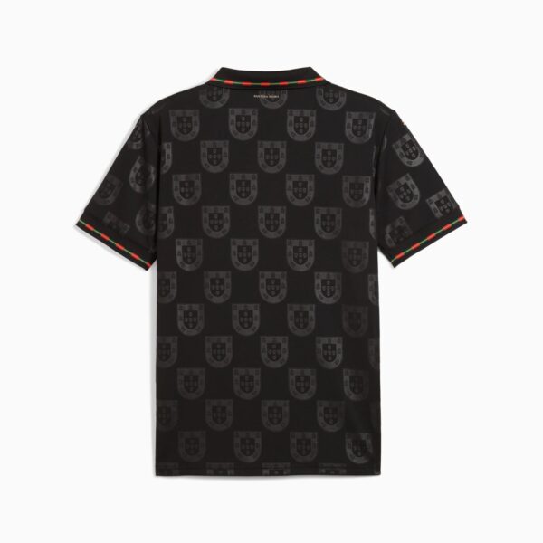Black short-sleeve polo shirt with a repeating gray shield crest pattern and green-red trim on collar and cuffs.