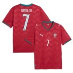 portugal-puma-home-shirt-2026-ronaldo-number-7_ss5_p-203413228_u-71aph8hc3s5xpovpzulj_v-mbfzqdxq0yjgdb3qdpz7 | UAE SPORT STORE Red Portugal national team soccer jerseys with turquoise trim; back shows 'RONALDO' and number 7, front displays crest.