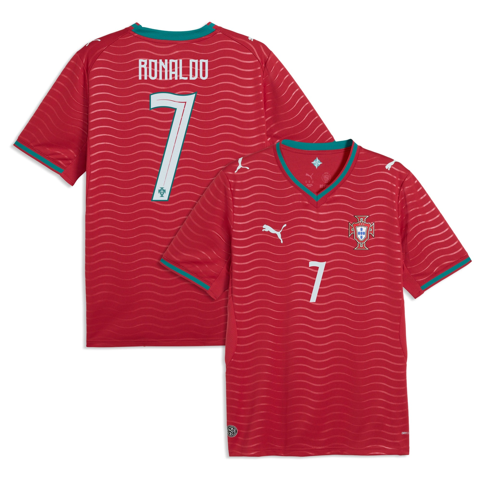 portugal-puma-home-shirt-2026-ronaldo-number-7_ss5_p-203413228_u-71aph8hc3s5xpovpzulj_v-mbfzqdxq0yjgdb3qdpz7 | UAE SPORT STORE Red Portugal national team soccer jerseys with turquoise trim; back shows 'RONALDO' and number 7, front displays crest.