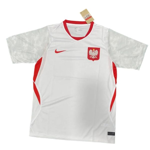 White Poland national football jersey with red collar, red side panels, Nike swoosh, and white eagle crest on the chest.