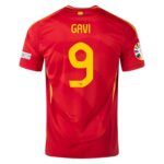 Red world football jersey back with the name 'GAVI' and large yellow number 9