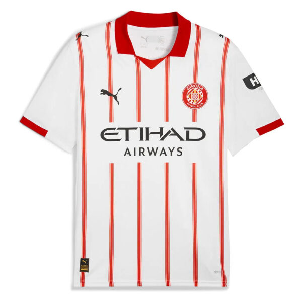 White Girona FC football jersey with red vertical stripes and Etihad Airways sponsor on front