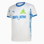 White soccer jersey with blue trim and printed sponsor text, worn as a front view shown from the waist up