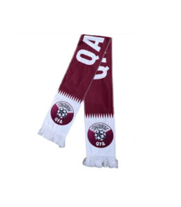 Maroon and white scarf with QFA logos and fringed ends, designed for football fans.