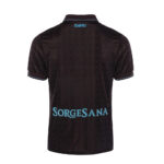 qw | UAE SPORT STORE Back-view of a black polo shirt with light blue 'SORGESANA' text across the lower back and blue trim on sleeves, subtle diagonal pattern