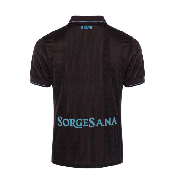 Back-view of a black polo shirt with light blue 'SORGESANA' text across the lower back and blue trim on sleeves, subtle diagonal pattern