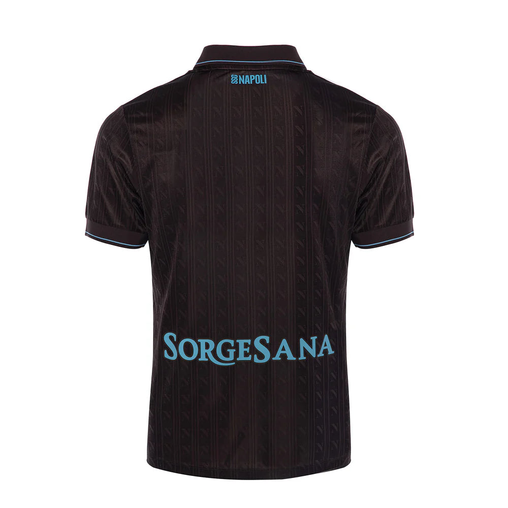 qw | UAE SPORT STORE Back-view of a black polo shirt with light blue 'SORGESANA' text across the lower back and blue trim on sleeves, subtle diagonal pattern