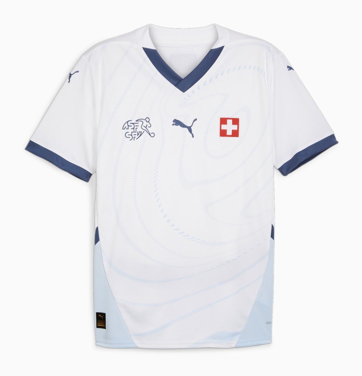 White soccer jersey with blue trim, Swiss flag emblem on chest, and Puma logo; subtle graphic patterns across the front