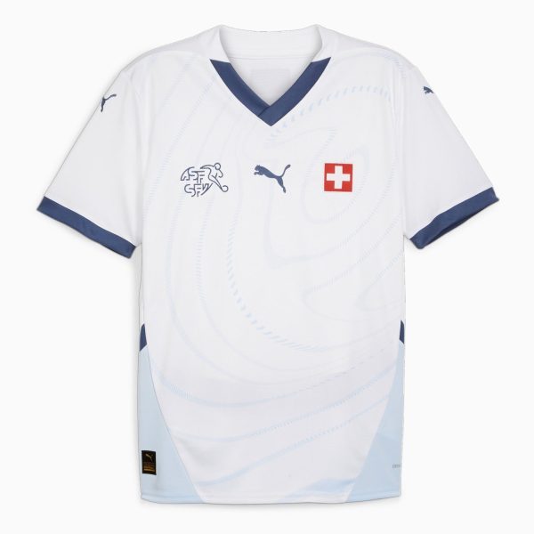 White soccer jersey with blue trim, Swiss flag emblem on chest, and Puma logo; subtle graphic patterns across the front