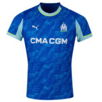 Front view of blue OM football jersey with dotted pattern, CMA CGM sponsor, and team crest on chest