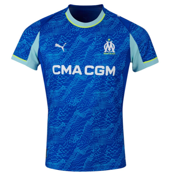 Front view of blue OM football jersey with dotted pattern, CMA CGM sponsor, and team crest on chest