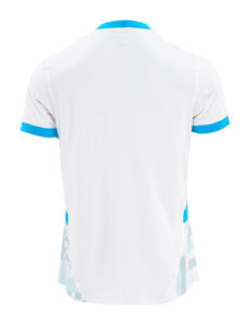 Back view of a white polo shirt with bright blue collar and sleeve cuffs, and light blue side panels