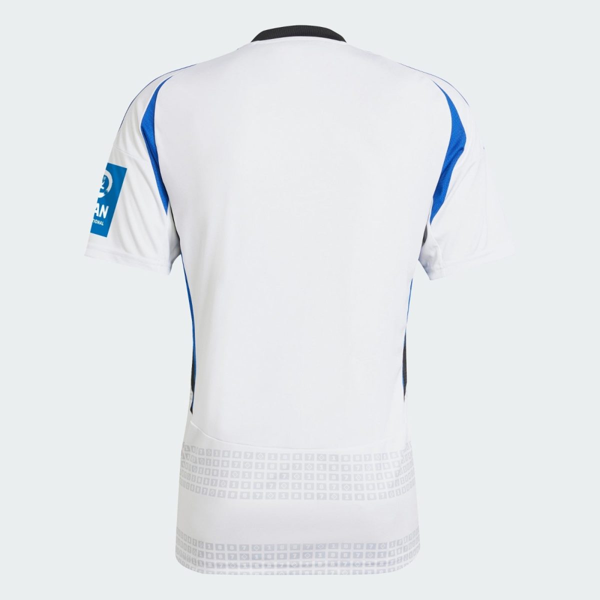 Back view of a white soccer jersey with blue side panels and a black collar. A subtle grid pattern runs along the lower back hem.