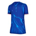 Back view of a blue athletic t-shirt with an abstract light-blue swirl pattern.