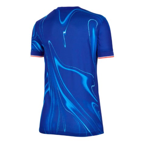Back view of a blue athletic t-shirt with an abstract light-blue swirl pattern.
