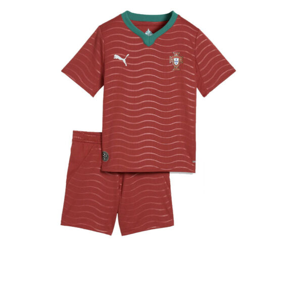Kids' Portugal soccer kit: red jersey with green collar and crest, matching red shorts with white wavy lines