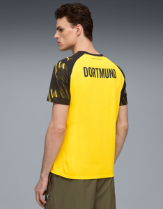 Back view of a man wearing a yellow Borussia Dortmund soccer jersey with black sleeves.