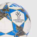 Premier soccer ball featuring the UEFA Champions League logo on blue and white panels with gold-trimmed stars of the design style, close-up view.