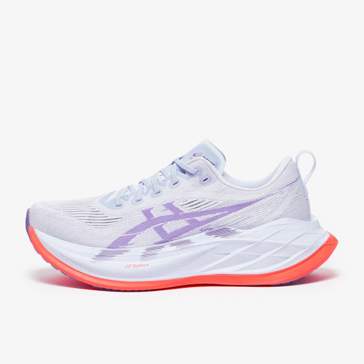 Lavender knit running shoe with a white midsole and bright orange outsole, designed for running.
