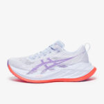 Lavender knit running shoe with a white midsole and bright orange outsole, designed for running.