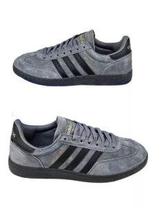 Gray suede Adidas sneakers with black three stripes, shown from side and angled views (two-tone gray)