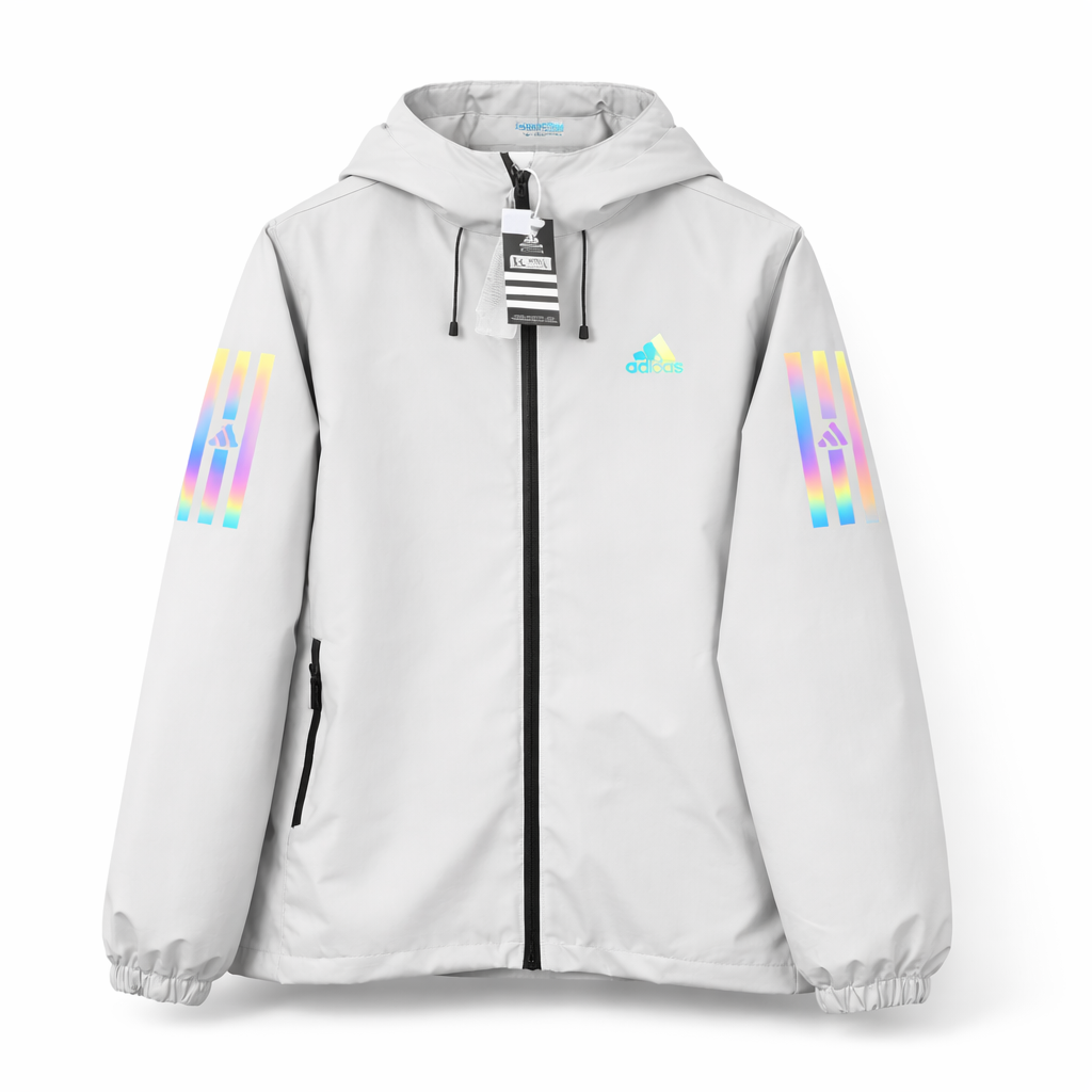 rn-image_picker_lib_temp_0a308666-9b89-4e0d-9fb1-491196c57001 | UAE SPORT STORE Light gray Adidas hooded jacket with black zipper and holographic stripes on sleeves.