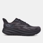 Dark gray Hoka running shoe with a patterned knit upper and oversized cushioned midsole