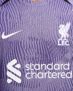 rn-image_picker_lib_temp_0c24d7af-4250-431b-9757-f13a50c77087 | UAE SPORT STORE Close-up of a purple Liverpool FC jersey featuring the white Nike swoosh and the club crest with sponsor text nearby.