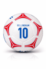 Soccer ball with a white surface and red-blue geometric patterns, printed with ‘Bellingham’ and the number 10 in blue