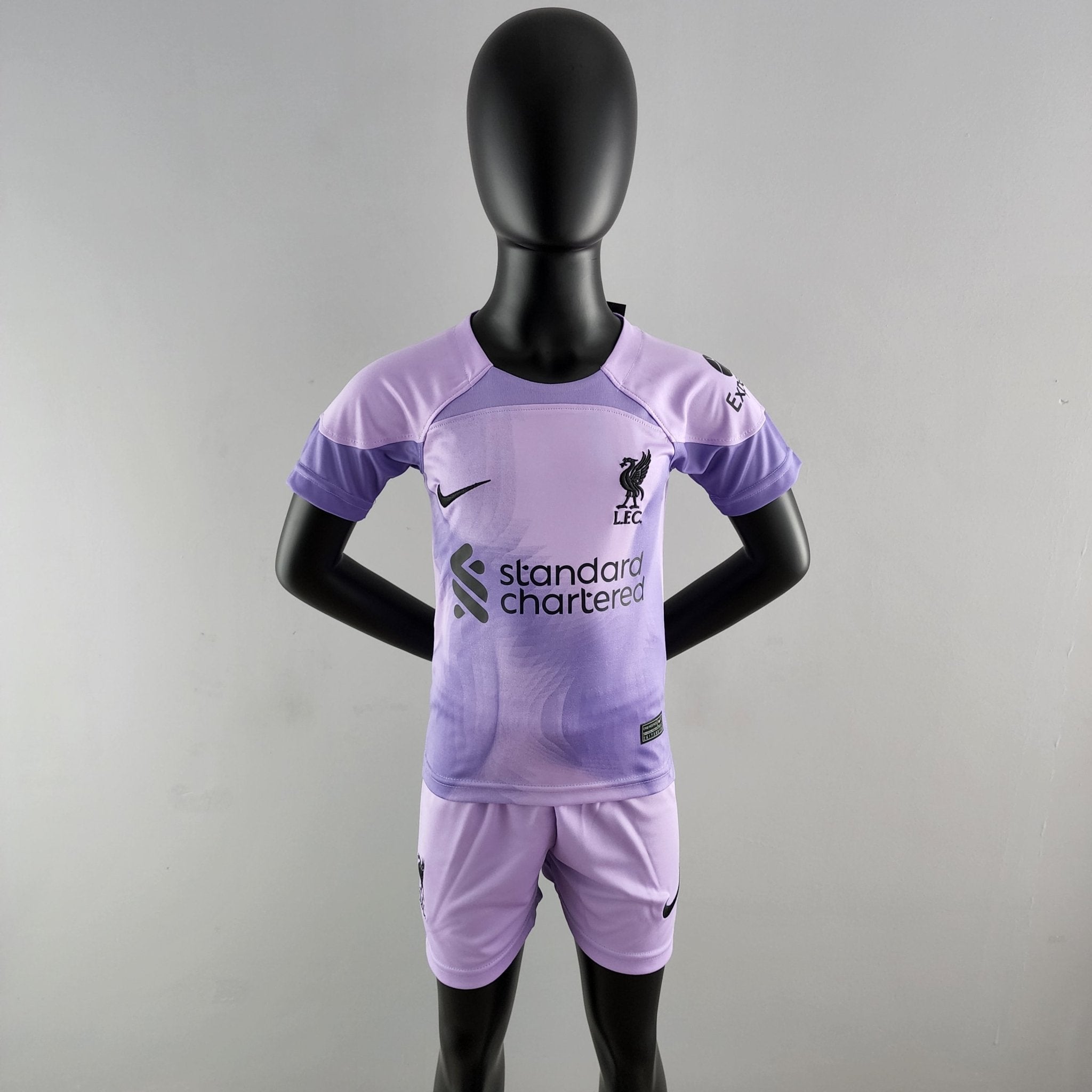 rn-image_picker_lib_temp_122e0763-2253-4c7b-90ab-e4f3b64cd3f0 | UAE SPORT STORE Back view of a black mannequin wearing a lavender Liverpool football jersey and shorts, with logos visible on chest and sleeve.